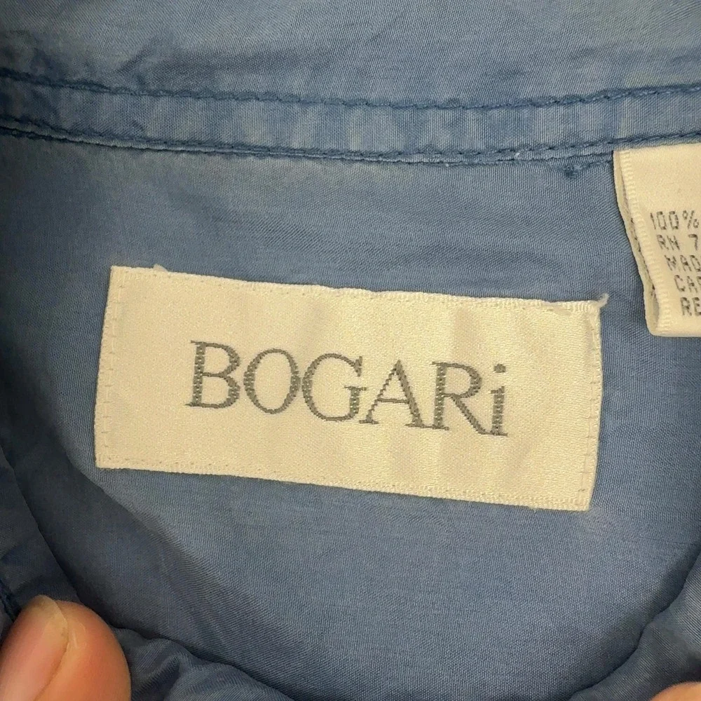 Vintage Bogari Shirt Mens L Blue Silk Short Sleeve Button Down Casual Summer